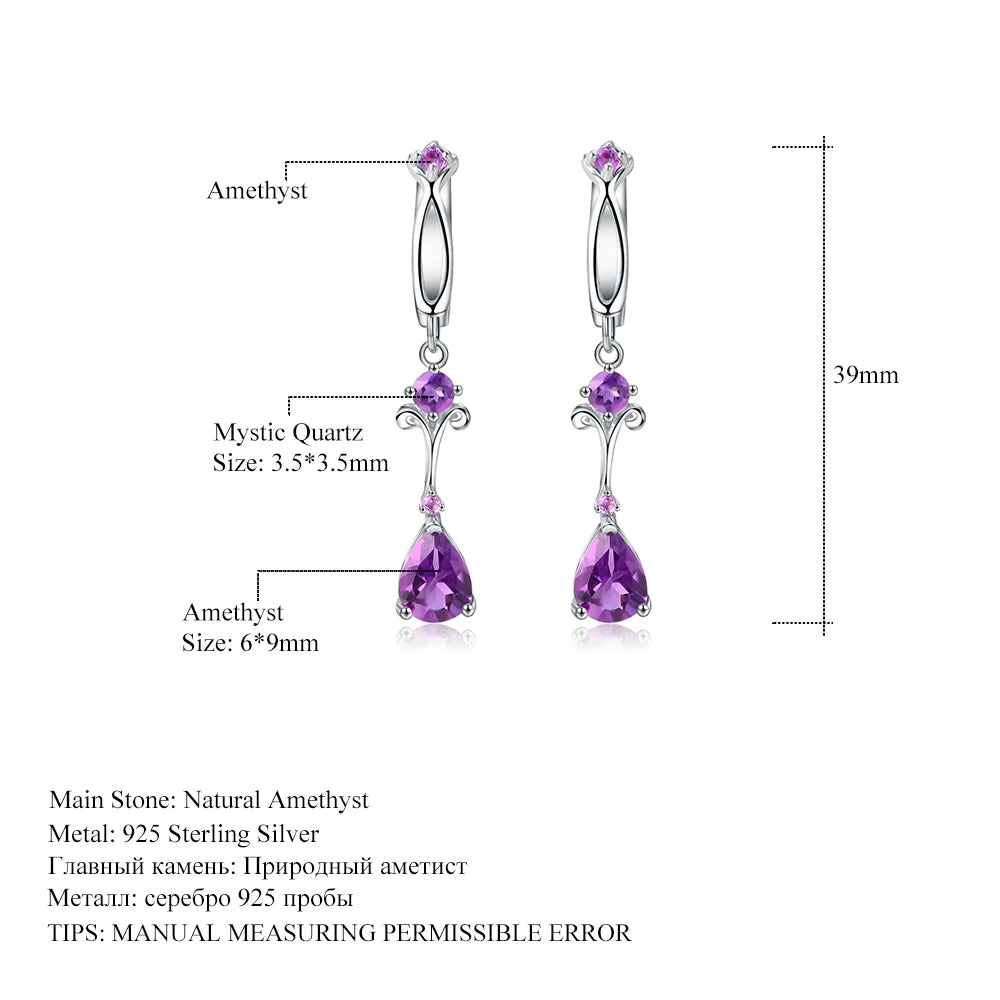 Natural Purple Amethyst Drop Earrings 925 Sterling Silver