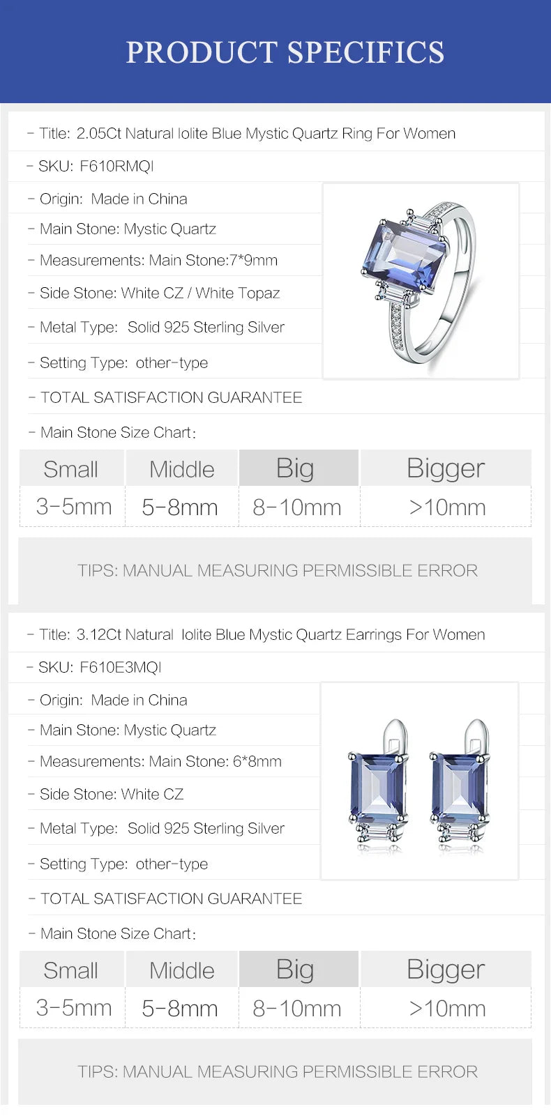 GEM'S BALLET Natural Iolite Blue Mystic Quartz Gemstone Earrings Ring Set Pure 925 Sterling Silver Fine Jewelry Sets For Women