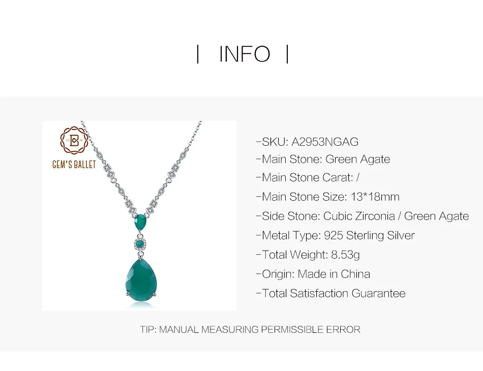 GEM'S BALLET 925 Sterling Silver Vintage Jewelry Natural Green Agate Gemstone Pendant Necklace for Women Wedding Fine Jewelry