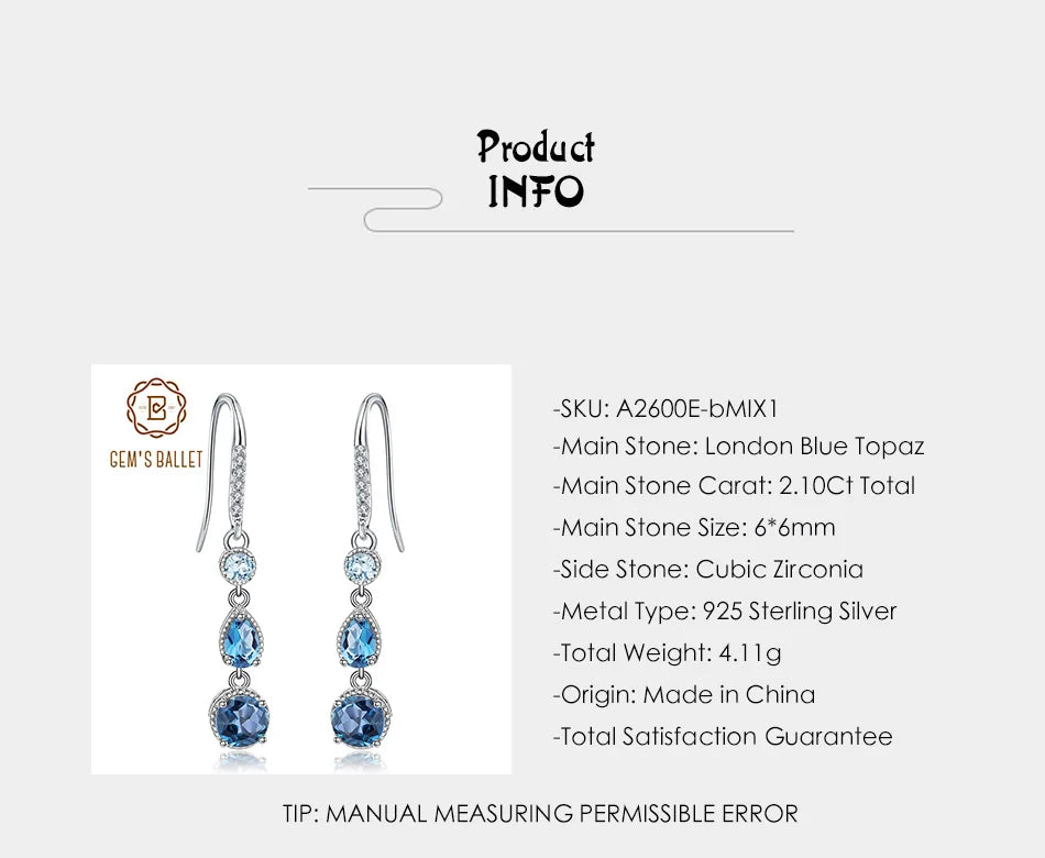 GEM'S BALLET Natural London Blue Topaz Dangle Earrings Gemstone Jewelry 925 Sterling Silver Elegant Earrings for Women Wedding