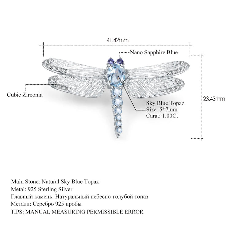 GEM'S BALLET 1.41Ct Natural Sky Blue Topaz Brooch 925 Sterling Sliver Handmade Design Dragonfly Brooches For Women Fine Jewelry