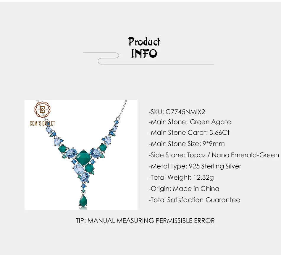 GEM'S BALLET 925 Sterling Silver Geometric Necklace Luxury Natural Green Agate Bride Necklace for Women Wedding Jewelry Collier