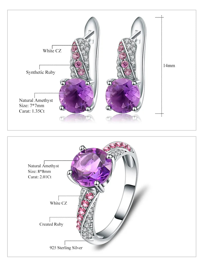 GEM'S BALLET Round Natural Amethyst Dark Purple Fine Jewelry Sets Pure 925 Sterling Silver Earrings Ring Set For Women Wedding