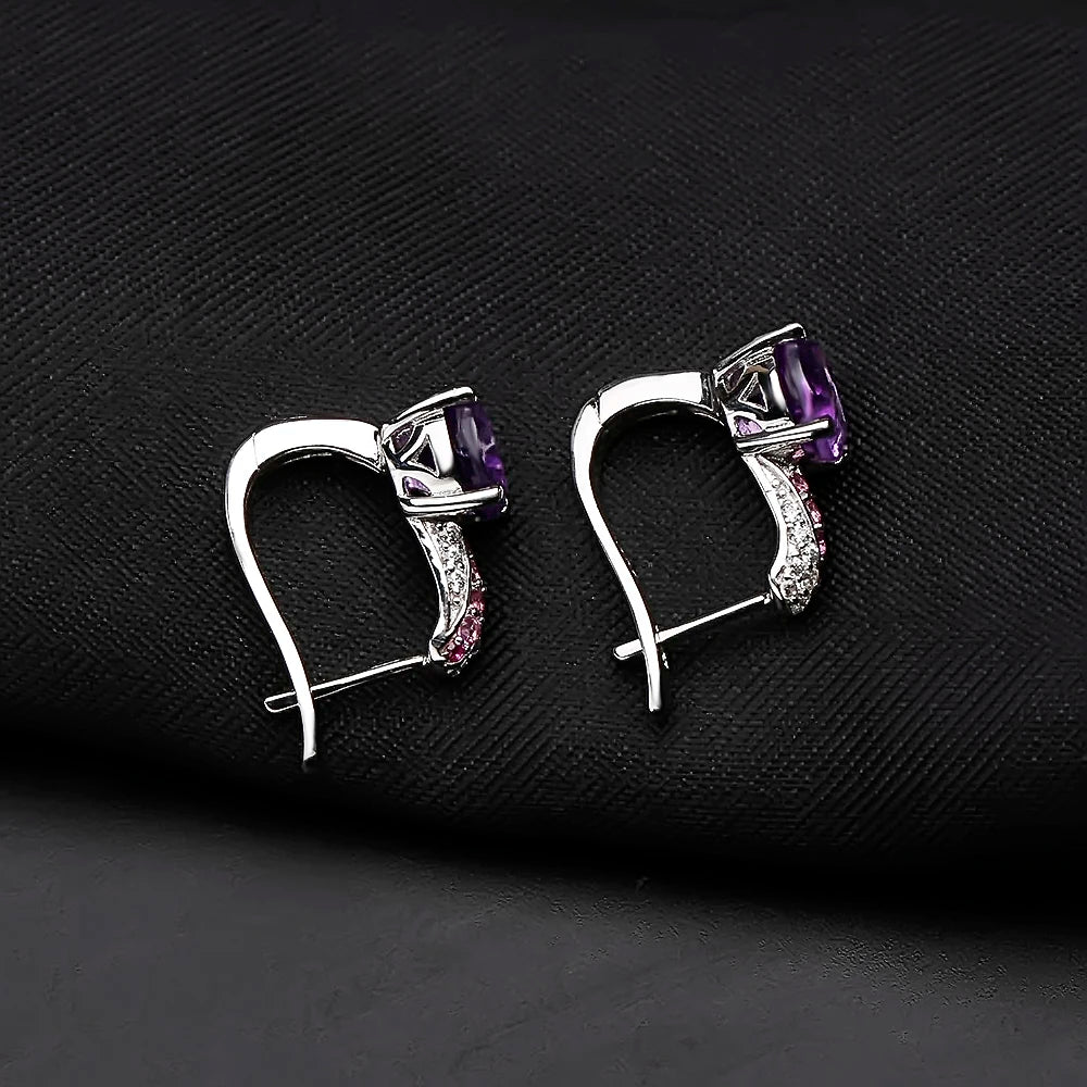 GEM'S BALLET Round Natural Amethyst Dark Purple Fine Jewelry Sets Pure 925 Sterling Silver Earrings Ring Set For Women Wedding