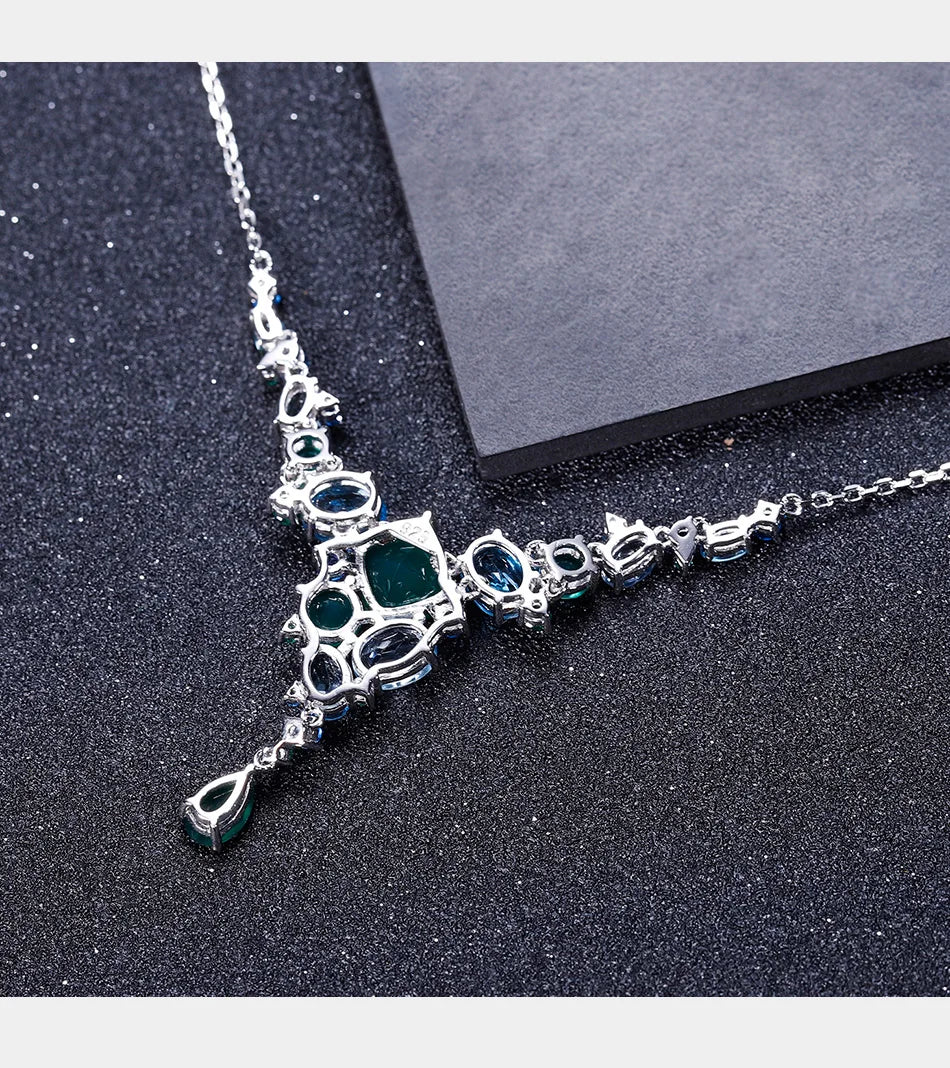 GEM'S BALLET 925 Sterling Silver Geometric Necklace Luxury Natural Green Agate Bride Necklace for Women Wedding Jewelry Collier