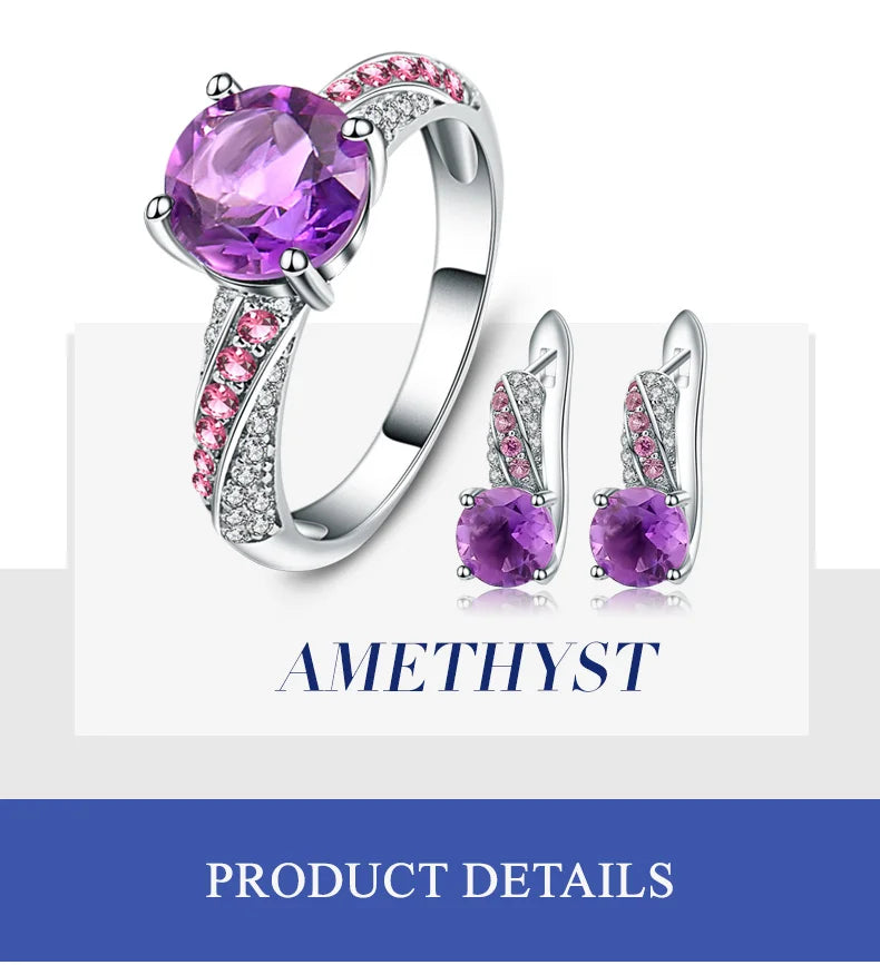 GEM'S BALLET Round Natural Amethyst Dark Purple Fine Jewelry Sets Pure 925 Sterling Silver Earrings Ring Set For Women Wedding