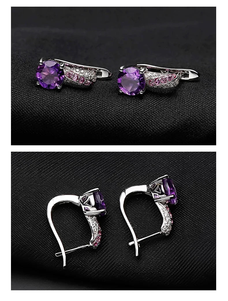 GEM'S BALLET Round Natural Amethyst Dark Purple Fine Jewelry Sets Pure 925 Sterling Silver Earrings Ring Set For Women Wedding