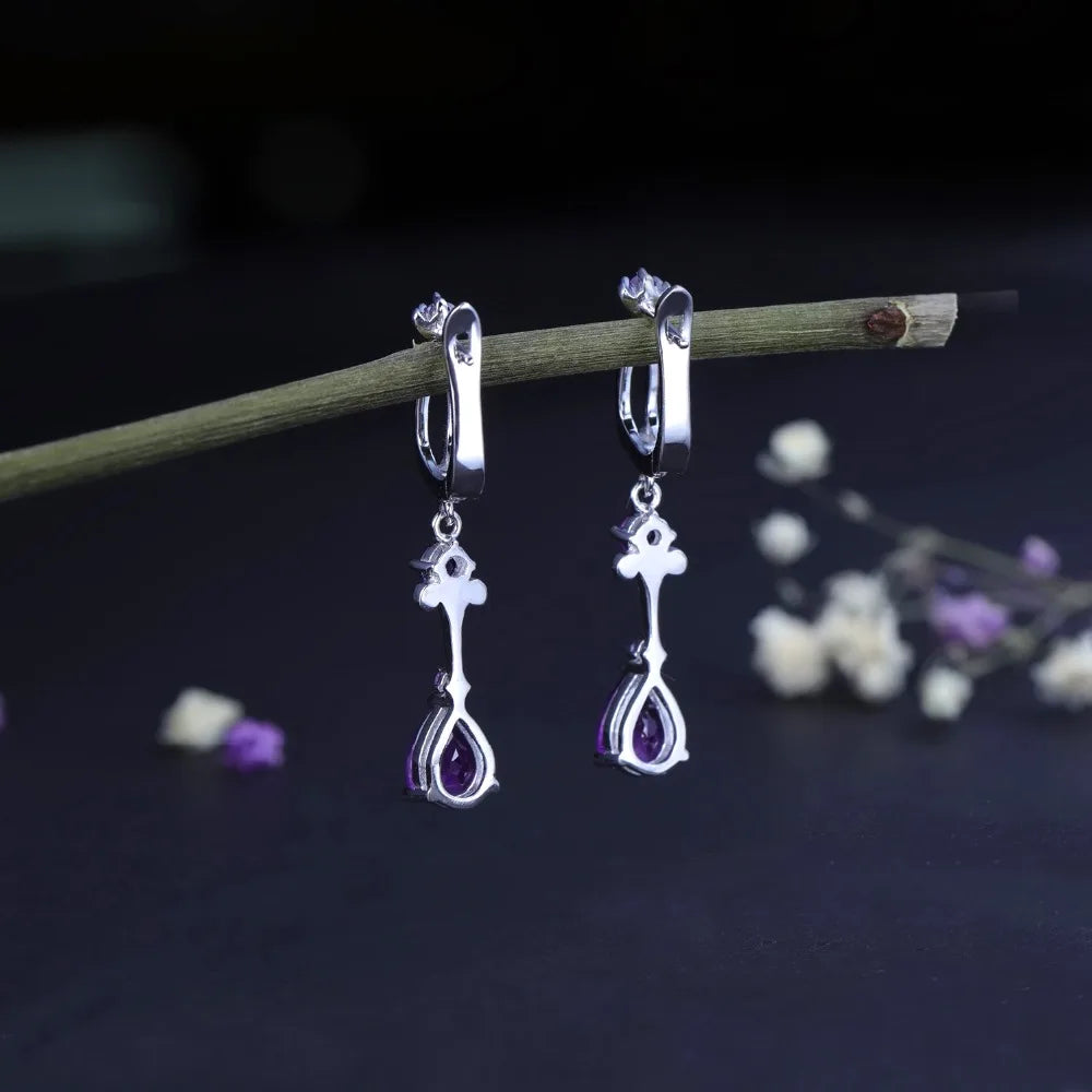 Natural Purple Amethyst Drop Earrings 925 Sterling Silver