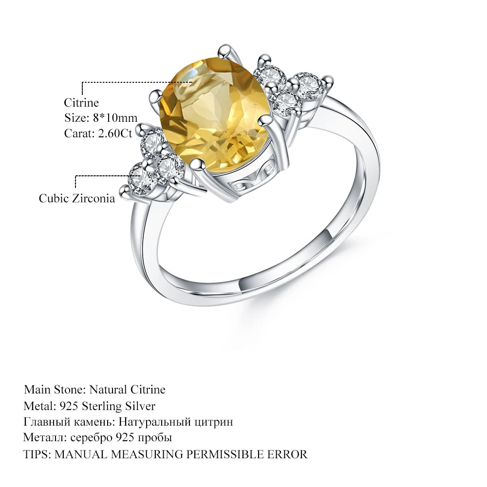 GEM'S BALLET Classic Oval 2.60Ct Natural Citrine Anniversary Rings For Women 925 Sterling Silver Gemstone Ring Fine Jewelry