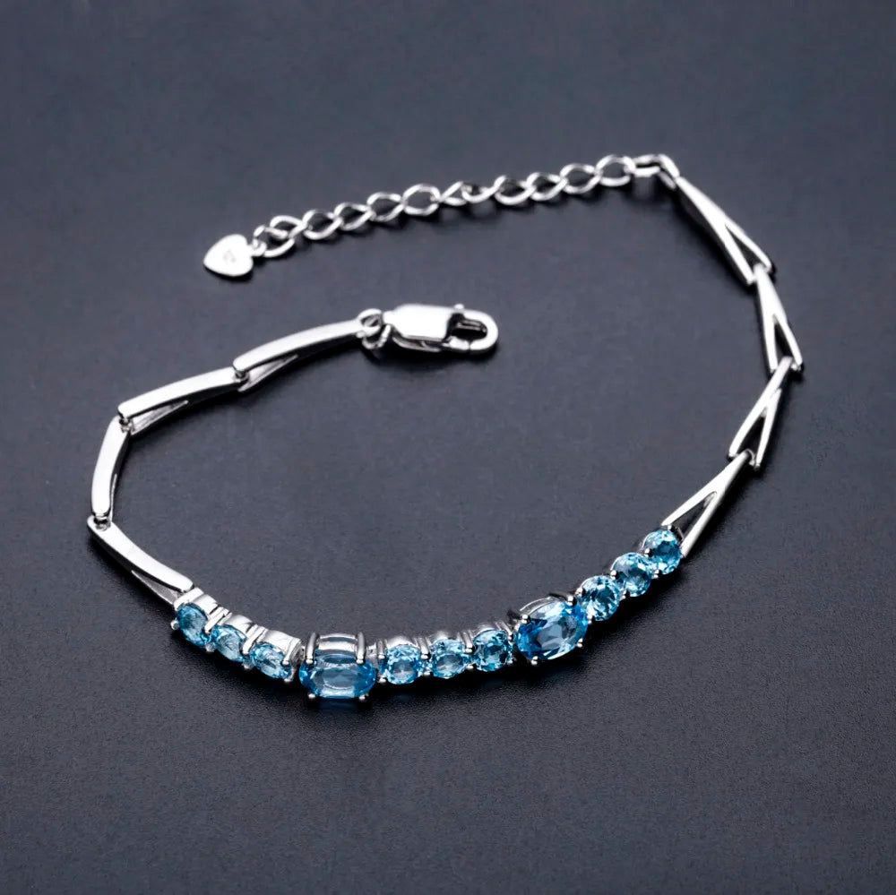 GEM'S BALLET Classic 925 Sterling Silver 4.94Ct Round Natural Swiss Blue Topaz Tennis Link Bracelet For Women Soild Fine Jewelry