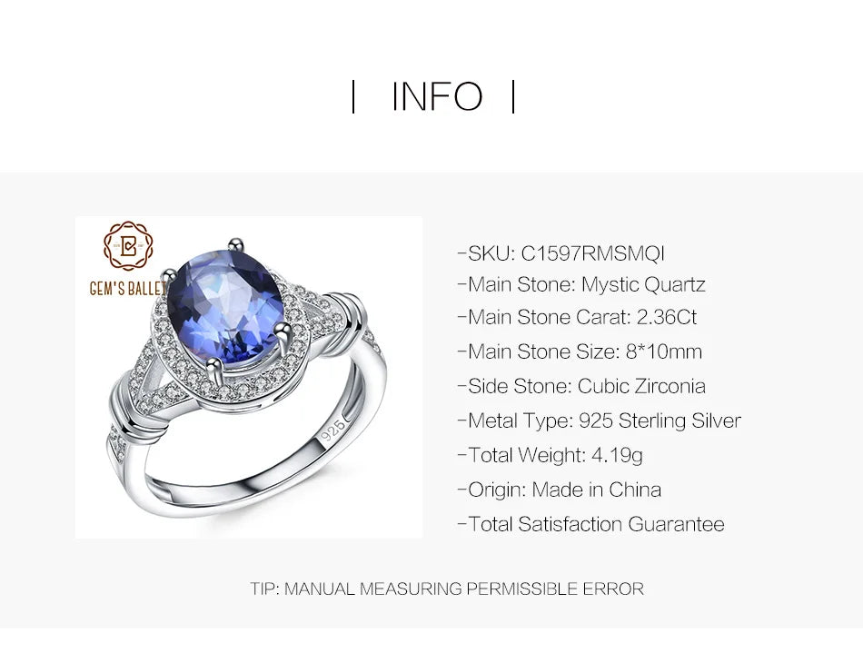 GEM'S BALLET Fashion Wedding 100% 925 Sterling Silver Ring 2.36Ct Natural Iolite Blue Mystic Quartz Ring for Women Fine Jewelry