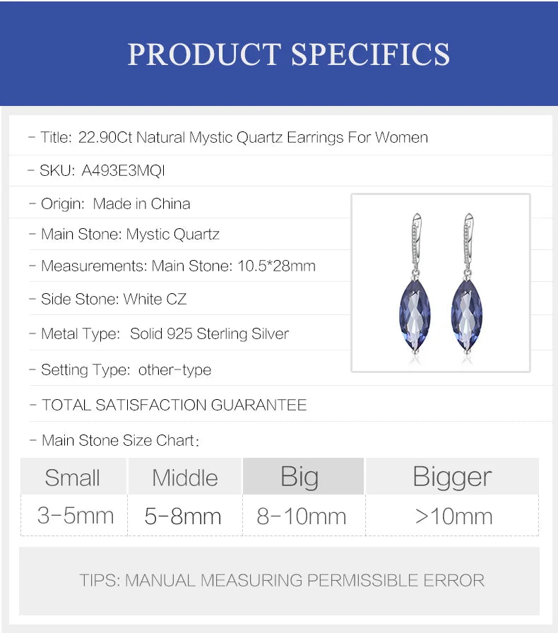 Marquise Natural Iolite Blue Mystic Quartz Drop Earrings 925 Sterling Silver