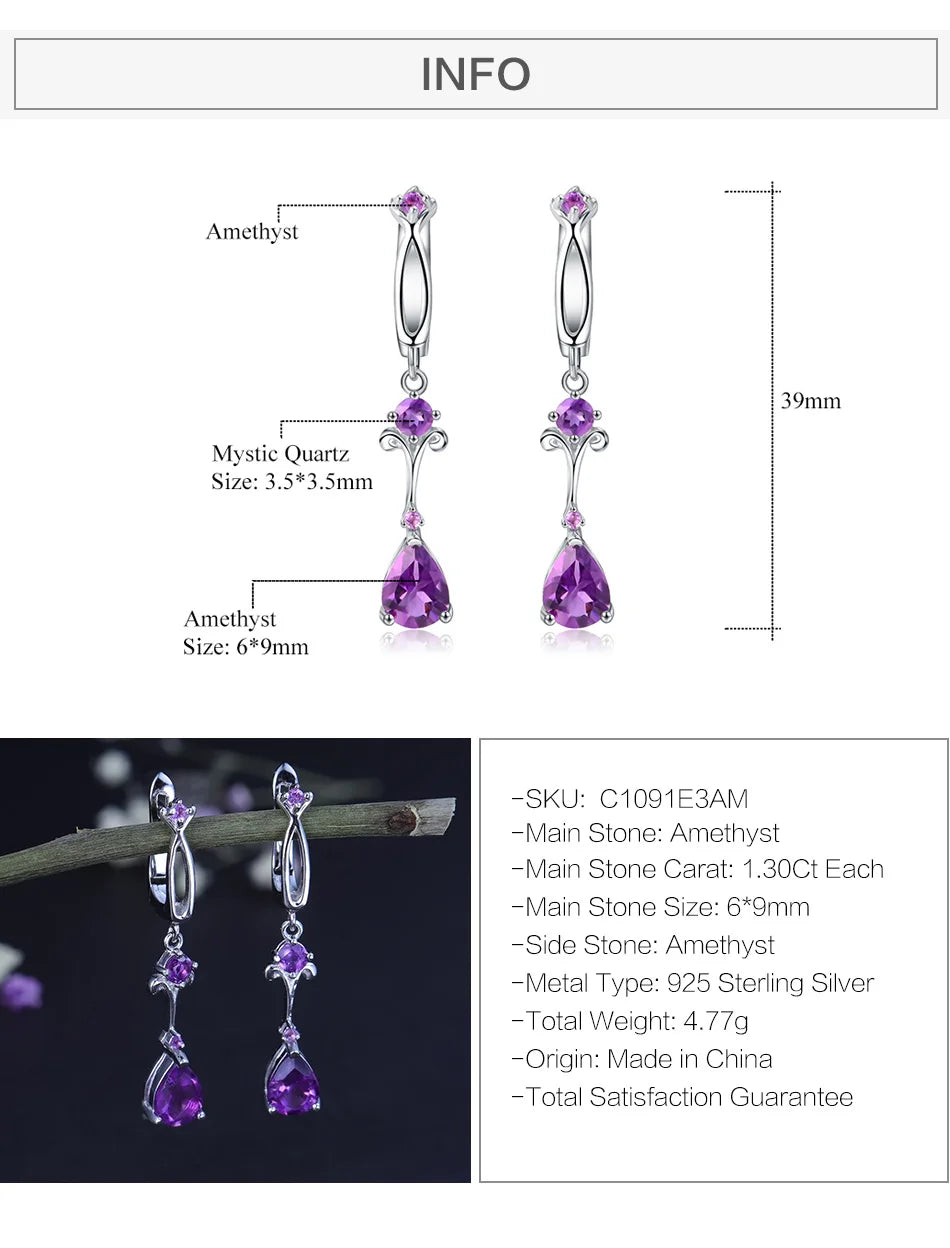 Natural Purple Amethyst Drop Earrings 925 Sterling Silver