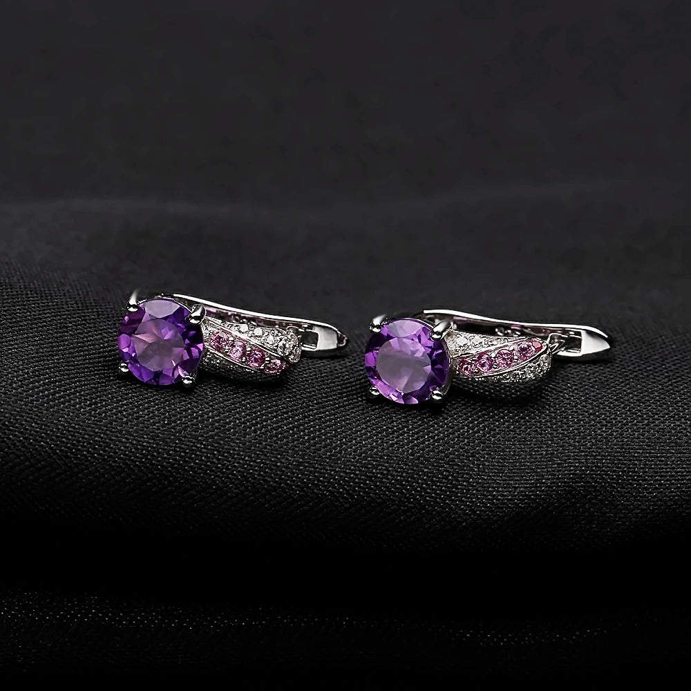 GEM'S BALLET Round Natural Amethyst Dark Purple Fine Jewelry Sets Pure 925 Sterling Silver Earrings Ring Set For Women Wedding