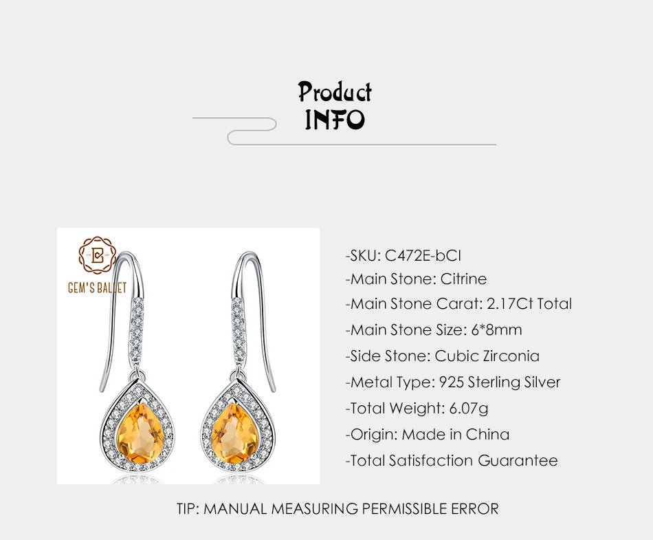 GEM'S BALLET 925 Sterling Silver Gemstone Water Drop Brincos 2.17Ct Natural Citrine Drop Earrings for Women Wedding Fine Jewelry