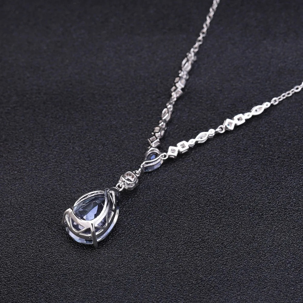 GEM'S BALLET 925 Sterling Silver Jewelry 10.68C Natural Iolite Blue Mystic Quartz Pendant Water Drop Necklace for Women Wedding