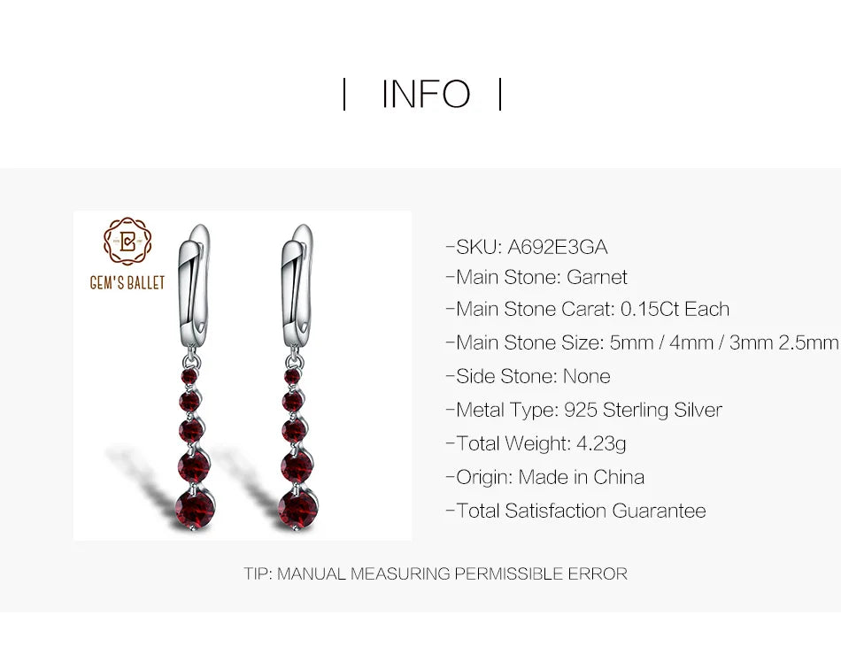 Natural Red Garnet Gemstone Drop Earrings Genuine Pure 925 Sterling Silver