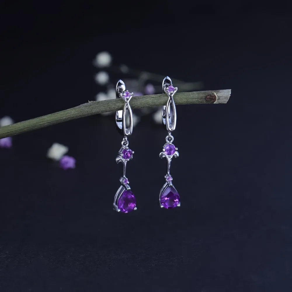 Natural Purple Amethyst Drop Earrings 925 Sterling Silver