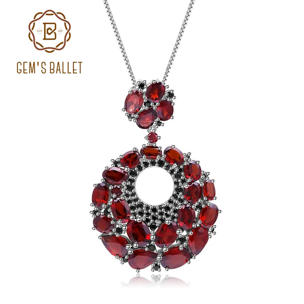 GEM'S BALLET Natural Red Garnet Gemstone Vintage 925 Sterling Sliver Pendant Necklace For Women Gift Party Jewelry