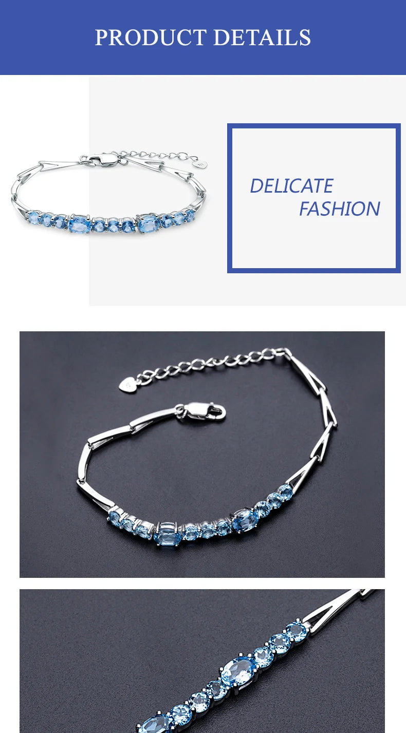 GEM'S BALLET Classic 925 Sterling Silver 4.94Ct Round Natural Swiss Blue Topaz Tennis Link Bracelet For Women Soild Fine Jewelry