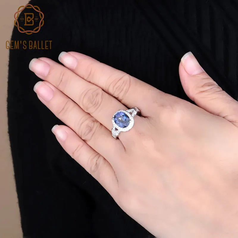 GEM'S BALLET Fashion Wedding 100% 925 Sterling Silver Ring 2.36Ct Natural Iolite Blue Mystic Quartz Ring for Women Fine Jewelry