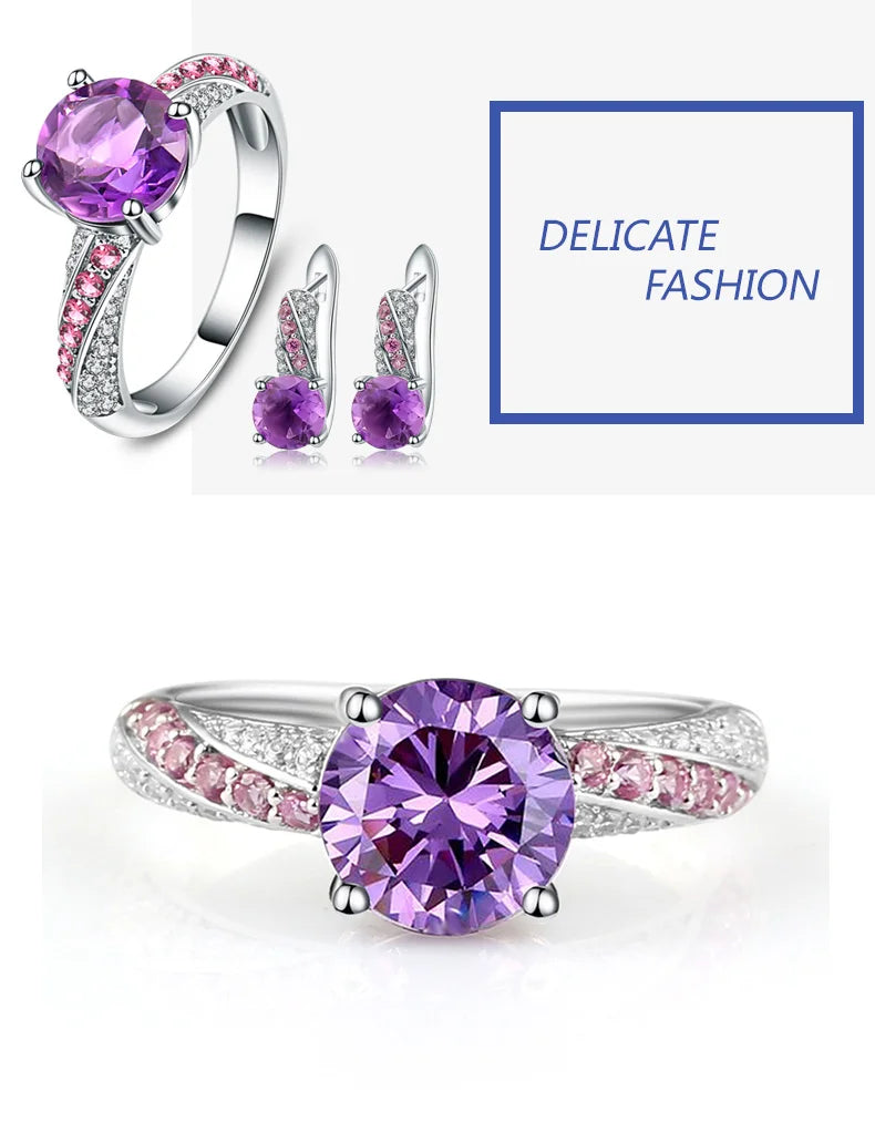 GEM'S BALLET Round Natural Amethyst Dark Purple Fine Jewelry Sets Pure 925 Sterling Silver Earrings Ring Set For Women Wedding