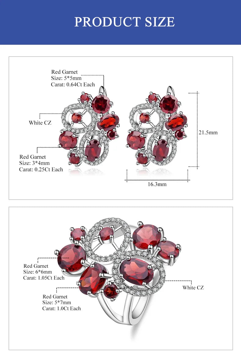 GEM'S BALLET Natural Red Garnet Vintage Flower Jewelry Set 925 Sterling Silver Earrings Ring Sets For Women Gemstone Jewelry