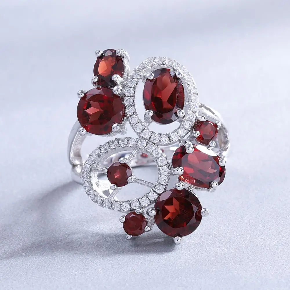 GEM'S BALLET Natural Red Garnet Vintage Flower Jewelry Set 925 Sterling Silver Earrings Ring Sets For Women Gemstone Jewelry