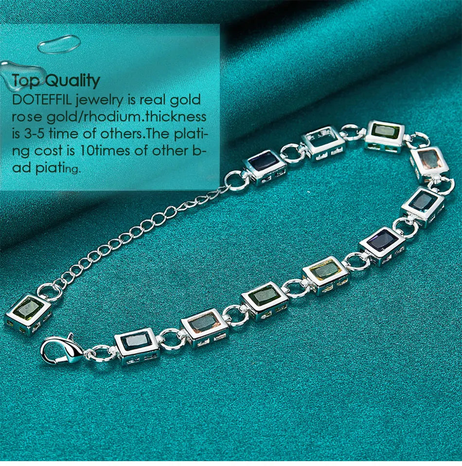 925 Sterling Silver Square inlaid With Multi-color AAA Zircon Bracelet Chain