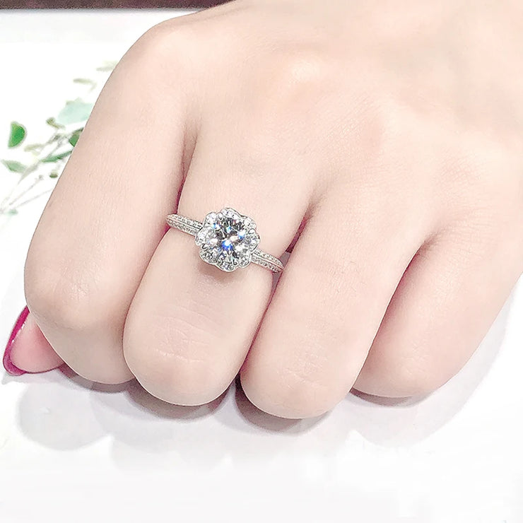 GEM'S BALLET 1.0Ct Round Bypass Floral Halo Moissanite Engagement Ring – Timeless Elegance