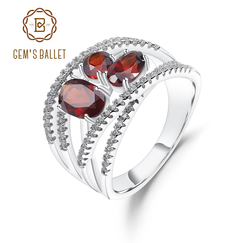 GEM'S BALLET 925 Sterling Silver Criss-Cross Gemstone Ring 1.87Ct Natural Red Garnet Finger Rings For Women Wedding Fine Jewelry