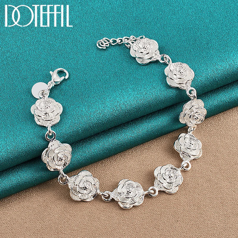 DOTEFFIL 925 Sterling Silver Full Rose Flower Chain Bracelet