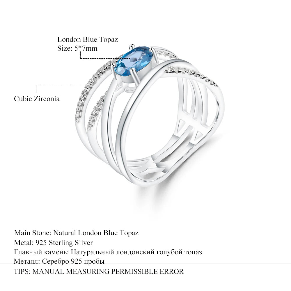 Natural London Blue Topaz Gemstone Ring 925 Sterling Silver Criss-Cross