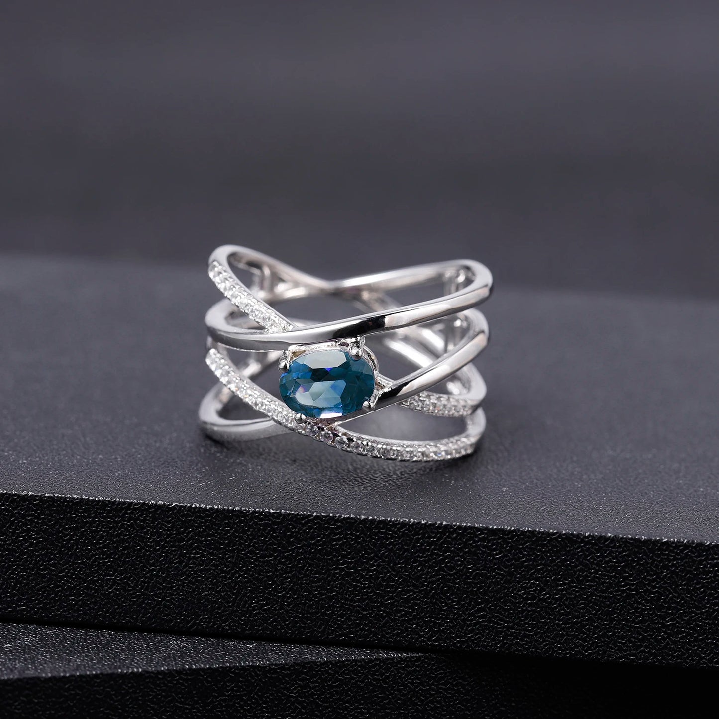 Natural London Blue Topaz Gemstone Ring 925 Sterling Silver Criss-Cross