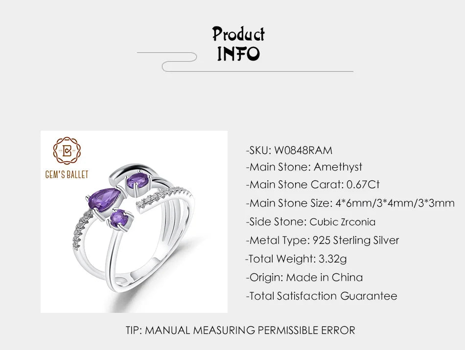 GEM'S BALLET 925 Sterling Silver Adjustable Open Ring 0.67Ct Natural Amethyst Stone Swirls Ring For Women Anniversary Jewelry