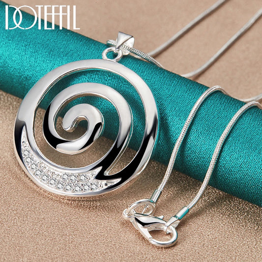 925 Sterling Silver AAA Zircon Round Spiral Pendant Necklace Chain