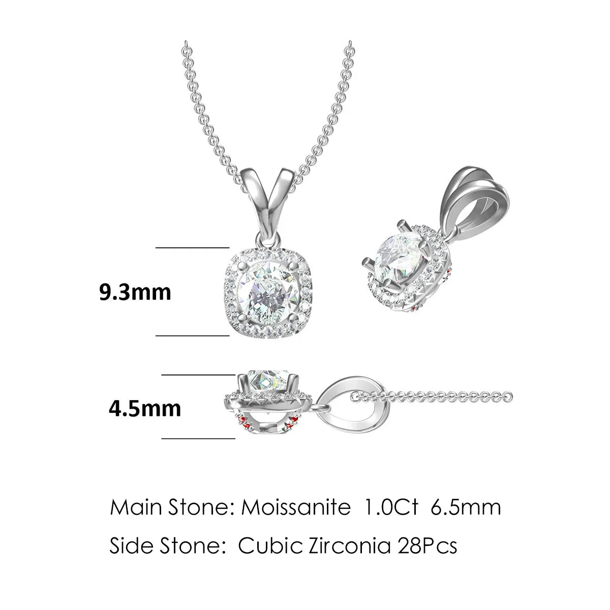 GEM'S BALLET 925 Sterling Silver Bridal Jewelry Set 4 prong Square Pendant Halo VVS1 Moissanite Necklace Earrings Set For Women