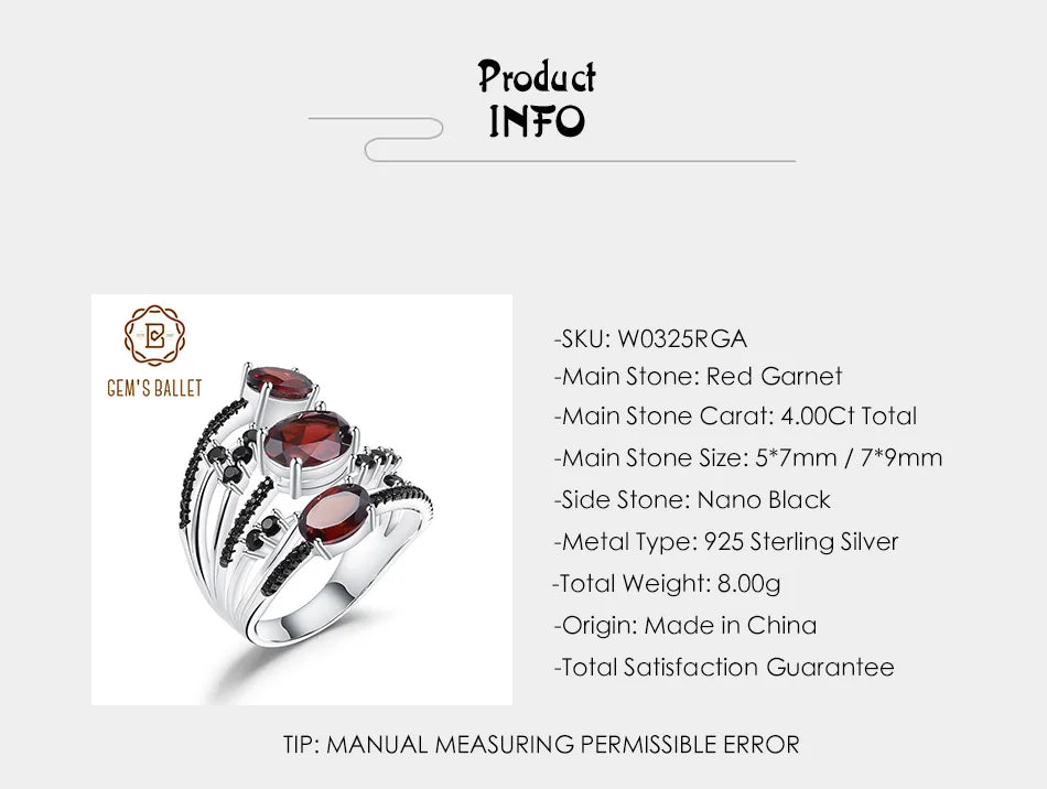 GEM'S BALLET 4.0Ct Natural Red Garnet Birthstone Rings For Women 925 Sterling Silver Stackable Three Stone Ring Fine Jewelry