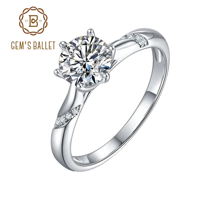 GEM'S BALLET 925 Sterling Silver 6-Prong Moissanite Ring – Classic Elegance