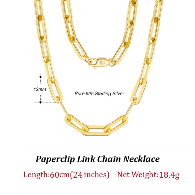 ORSA JEWELS 14K Gold Plated Genuine 925 Sterling Silver Paperclip Neck Chain 6/9.3/12mm Link Necklace for Women Men Jewelry SC39