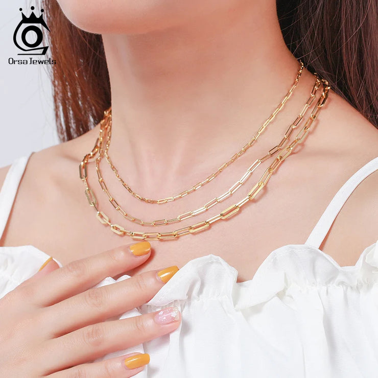 ORSA JEWELS 14K Gold Plated Genuine 925 Sterling Silver Paperclip Neck Chain 6/9.3/12mm Link Necklace for Women Men Jewelry SC39