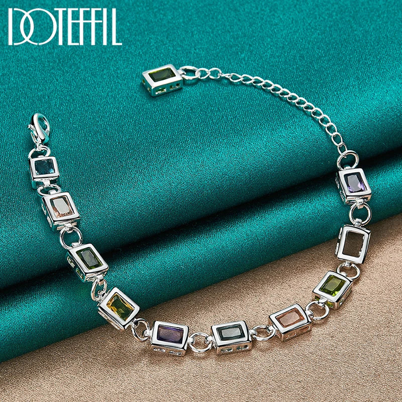 925 Sterling Silver Square inlaid With Multi-color AAA Zircon Bracelet Chain