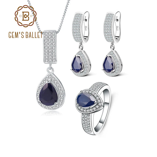 GEM'S BALLET Classic Natural Blue Sapphire Gemstone Jewelry Set 925 Sterling Silver Pendant Earrings Ring Set For Women