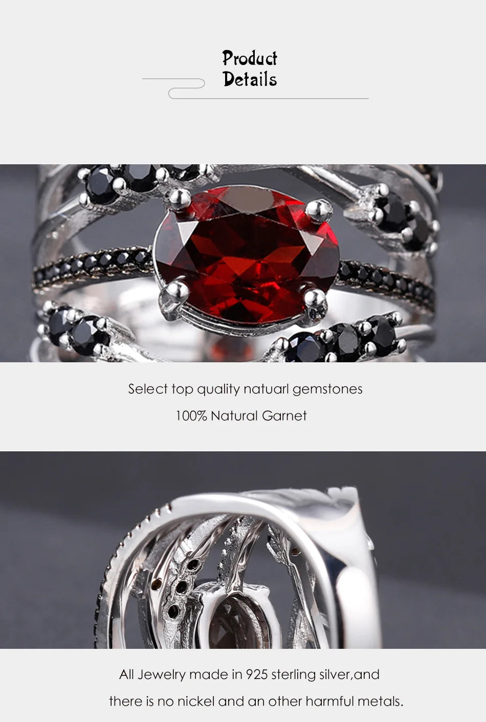 GEM'S BALLET 4.0Ct Natural Red Garnet Birthstone Rings For Women 925 Sterling Silver Stackable Three Stone Ring Fine Jewelry