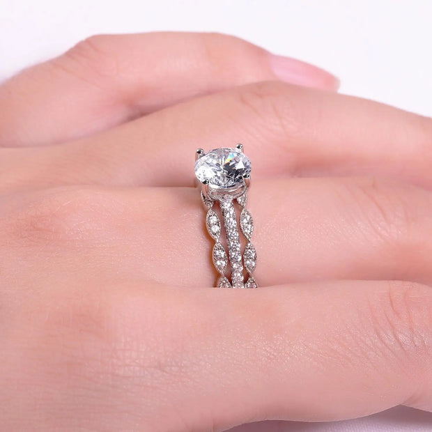 GEM'S BALLET Real 925 Silver Round Accented Art 3 Band Set Moissanite Promise Ring For Women Wedding Jewelry 2.0Ct 8mm EF Color