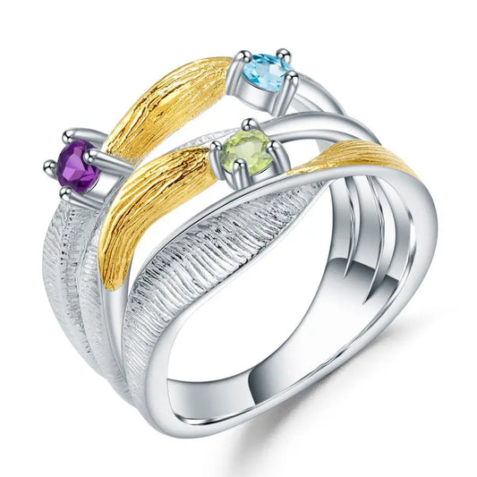 GEM'S BALLET 925 Sterling Silver Handmade Band Twist Rings Natural Peridot Amethyst Topaz Gemstones Ring for Women Bijoux