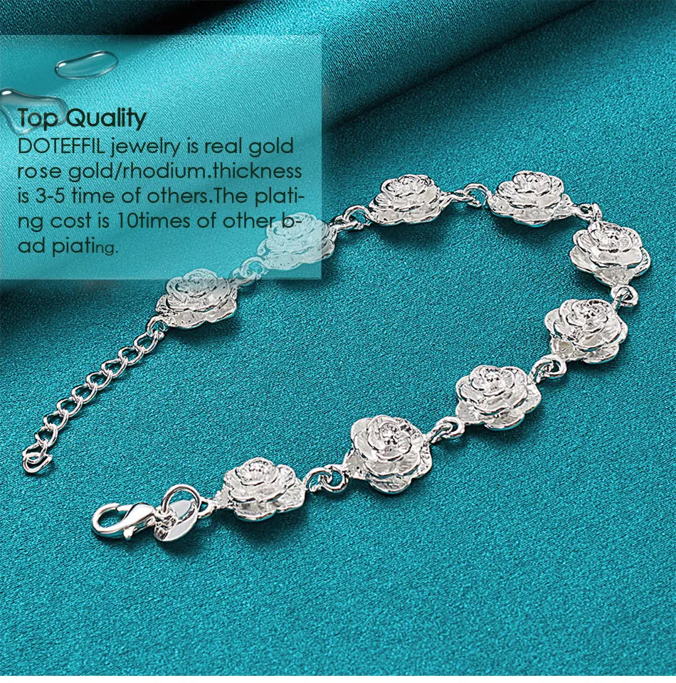 925 Sterling Silver Full Rose Flower Chain Bracelet