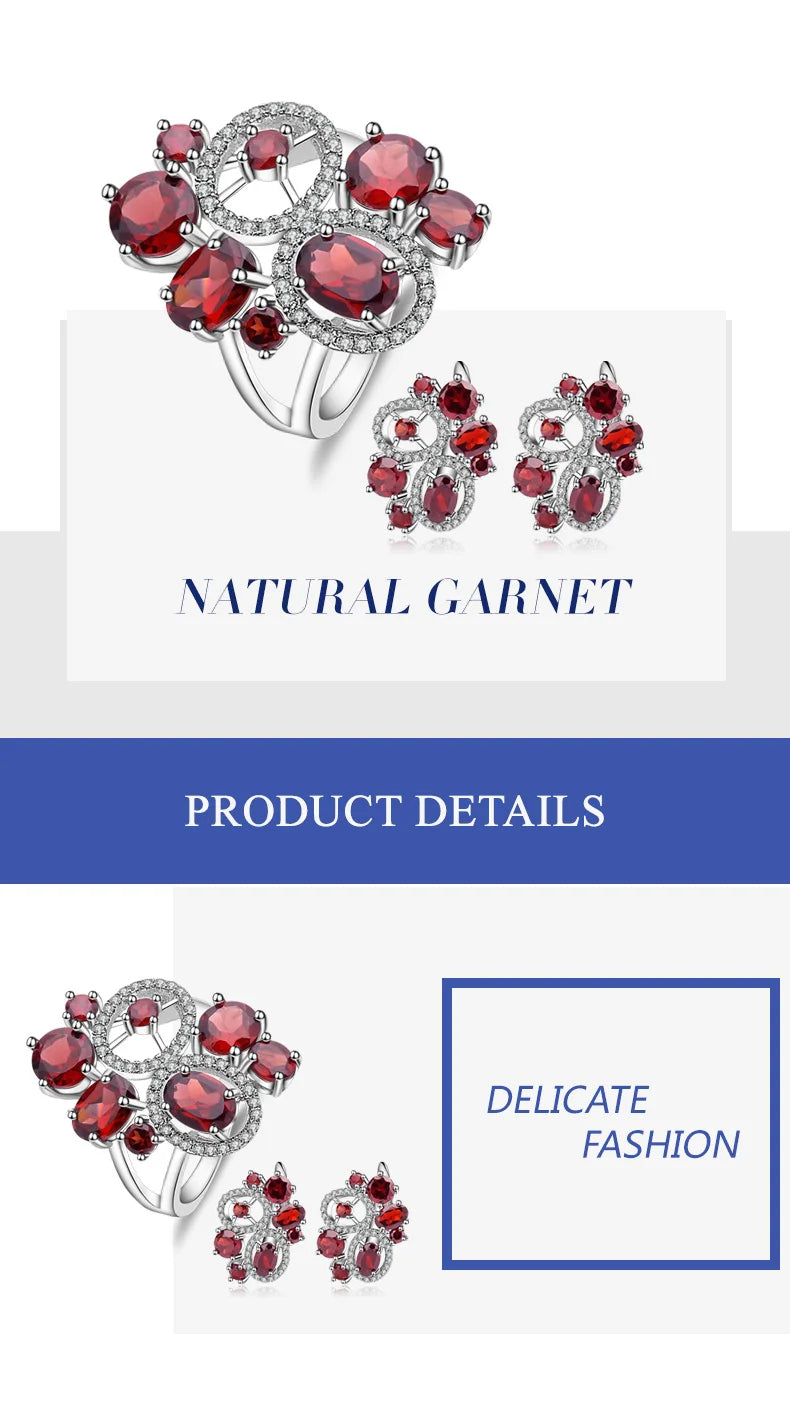 GEM'S BALLET Natural Red Garnet Vintage Flower Jewelry Set 925 Sterling Silver Earrings Ring Sets For Women Gemstone Jewelry