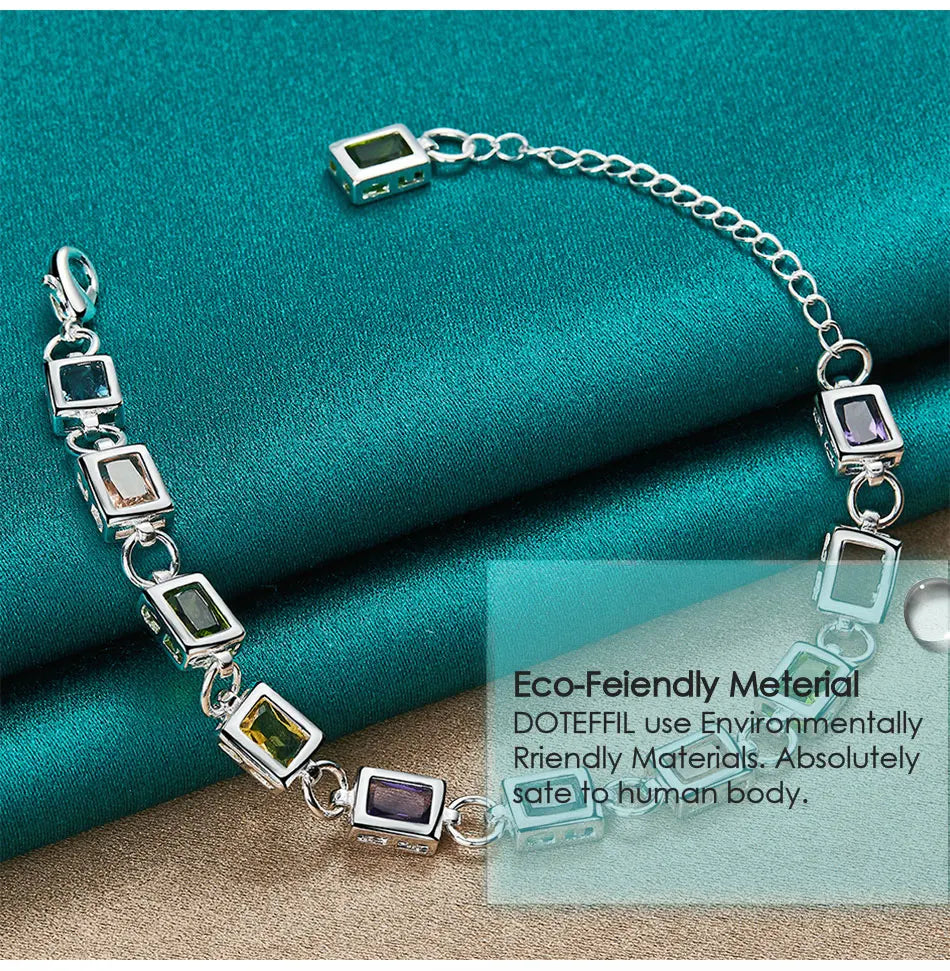 925 Sterling Silver Square inlaid With Multi-color AAA Zircon Bracelet Chain