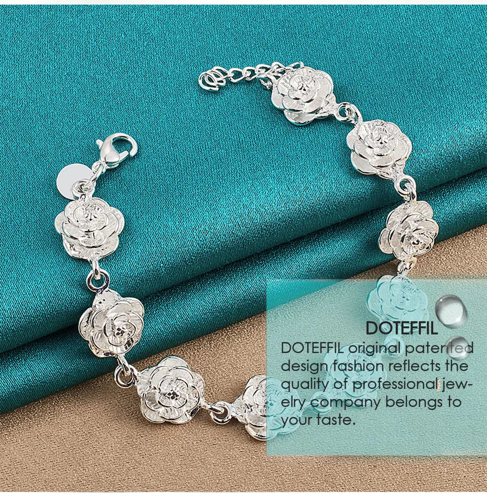 925 Sterling Silver Full Rose Flower Chain Bracelet